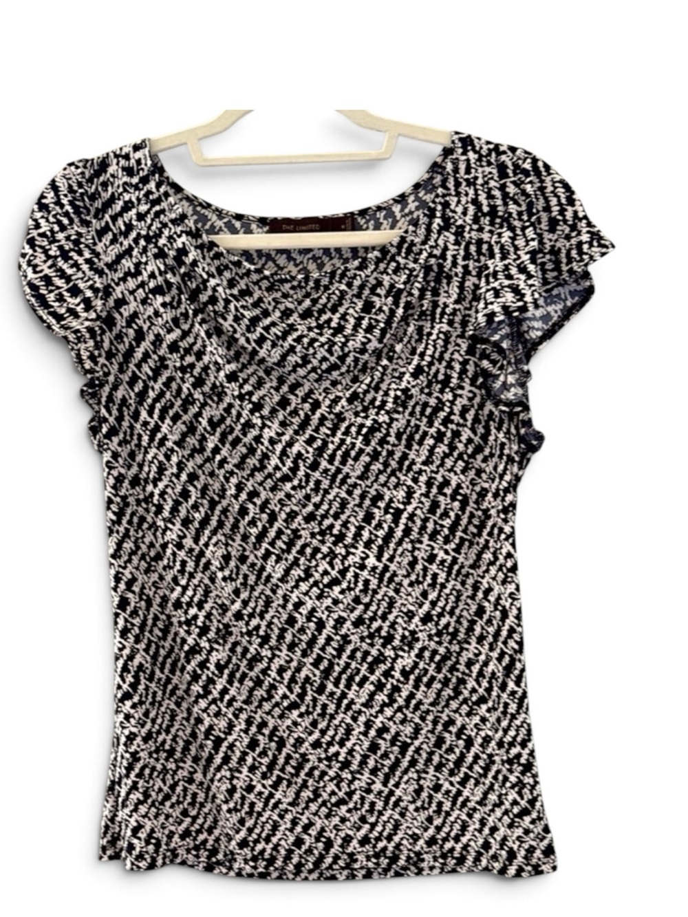 The Limited Black and White Fitted Ruched Cap Sleeve Blouse Size M